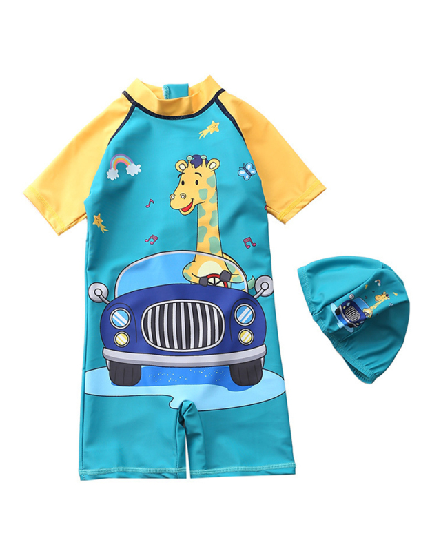 Children Printing Short Sleeve O-Neck Swimwear (Including Swimming Cap)