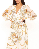 Women V-neck Leopard Long Sleeve Maxi Jumpsuits Blue White S-2XL