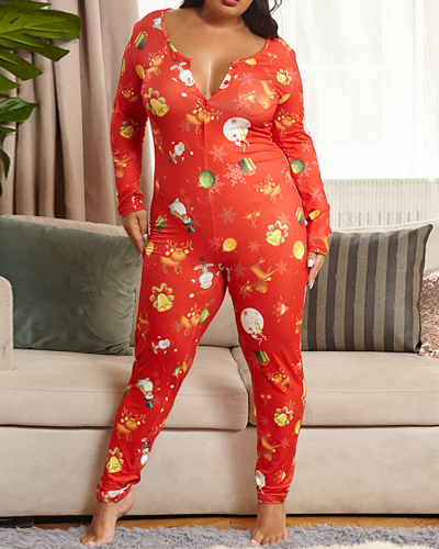 Women Long Sleeve House Wear Christmas Jumpsuit Red S-5XL