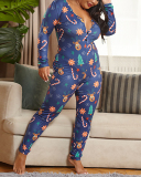 Women Christmas V-Neck Blue Slim Plus Size Jumpsuit S-5XL