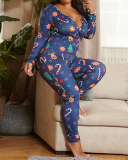 Women Christmas V-Neck Blue Slim Plus Size Jumpsuit S-5XL