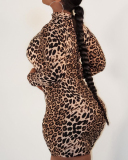 Fashion Leopard Long Sleeve Women Plus Size Dresses XL-4XL