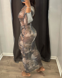 Lady Printing Hollow Out Long Sleeve One Piece Dress Gray Blue S-2XL 