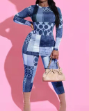 Women Long Sleeve Colorblock Slim Pants Sets Two Pieces Outfit Coffee Blue S-XL