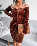 Lady Square Neck Velvet One Piece Mini Dress Pink Red Green Brown S-XL 