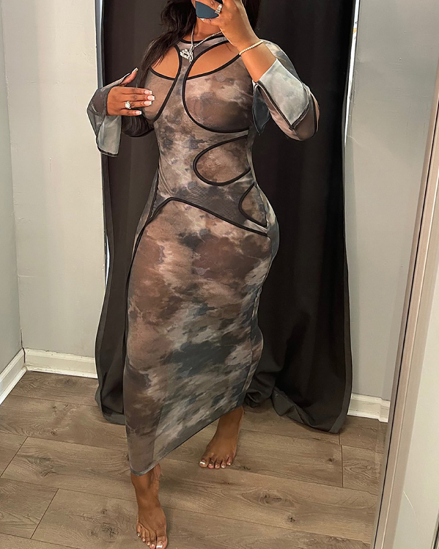 Lady Printing Hollow Out Long Sleeve One Piece Dress Gray Blue S-2XL 
