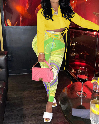 Lady Mesh Printing Long Sleeve Crop Tops Two Piece Set Pink Yellow Purple S-2XL 