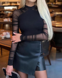Lady Solid Color Mesh See Through Bodysuit Black S-L 