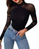 Lady Solid Color Mesh See Through Bodysuit Black S-L 