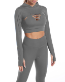 Women Solid Color Long Sleeve Strappy Yoga Three Piece Set Black Blue Grey S-XL