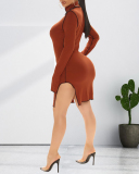 Hot Sale Long Sleeve Turtleneck Slit Patchwork Mini Dress Plus Size Dresses Apricot Orange S-5XL