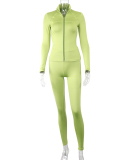New Solid Color Zipper Stand Collar Sports Jacket Fitness Yoga Wear Trousers Cover Two Piece Set Black Green Pink Brown S-L