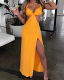 Women Solid Color Hollow Out Halter High Split One Piece Dress Yellow S-L 