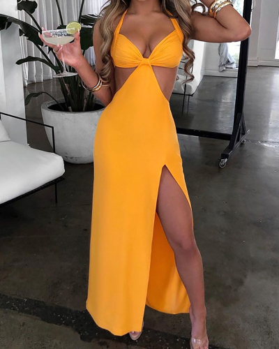 Women Solid Color Hollow Out Halter High Split One Piece Dress Yellow S-L 