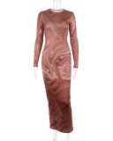 Long Sleeve Fashion Printed Round Neck Long Dress Brown S-L
