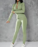 New Solid Color Zipper Stand Collar Sports Jacket Fitness Yoga Wear Trousers Cover Two Piece Set Black Green Pink Brown S-L