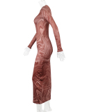 Long Sleeve Fashion Printed Round Neck Long Dress Brown S-L