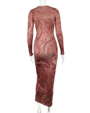 Long Sleeve Fashion Printed Round Neck Long Dress Brown S-L