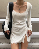 Women Long Sleeve Square Neck Solid Color Slit Bodycon Casual Dresses White Black S-L