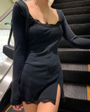 Women Long Sleeve Square Neck Solid Color Slit Bodycon Casual Dresses White Black S-L
