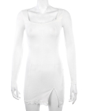 Women Long Sleeve Square Neck Solid Color Slit Bodycon Casual Dresses White Black S-L