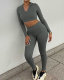 Lady Solid Color Long Sleeve V-Neck Two Piece Set Pink Gray Black S-L 