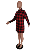 Women Long Sleeve Turn-down Collar Grid Pocket Casual Shirt Dress Red Green S-L