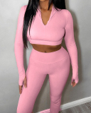 Lady Solid Color Long Sleeve V-Neck Two Piece Set Pink Gray Black S-L 