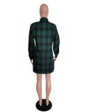 Women Long Sleeve Turn-down Collar Grid Pocket Casual Shirt Dress Red Green S-L