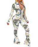 Women Fashion Printed Zipper Neck Long Sleeve Jumpsuits White Rosy Luke Green S-2XL