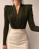 Ladies Fashion New Sexy Simple V-neck Long Sleeve Shirt Solid Color S-L