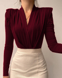 Ladies Fashion New Sexy Simple V-neck Long Sleeve Shirt Solid Color S-L
