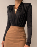 Ladies Fashion New Sexy Simple V-neck Long Sleeve Shirt Solid Color S-L