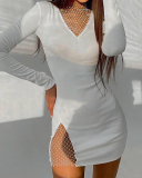 Ladies Fashion New Flash Stitching Sexy Hot Girl Long Sleeve V-neck Mini Dress S-L