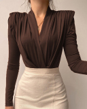 Ladies Fashion New Sexy Simple V-neck Long Sleeve Shirt Solid Color S-L