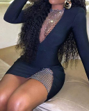Ladies Fashion New Flash Stitching Sexy Hot Girl Long Sleeve V-neck Mini Dress S-L
