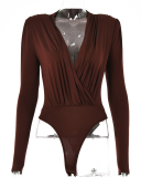Ladies Fashion New Sexy Simple V-neck Long Sleeve Shirt Solid Color S-L