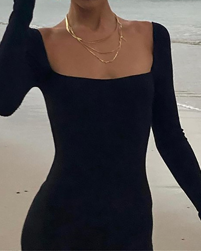Sexy Women Solid Color Long Sleeve Square Collar Backless Jumpsuit White Black S-L 