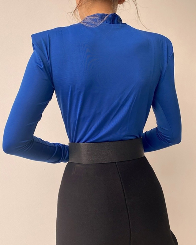 Ladies Fashion New Sexy Simple V-neck Long Sleeve Shirt Solid Color S-L