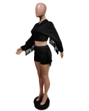 Women Long Tassel Sleeve Solid Color Short Sets Two Pieces Outfit Black Orange Coffee S-2XL