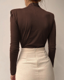 Ladies Fashion New Sexy Simple V-neck Long Sleeve Shirt Solid Color S-L