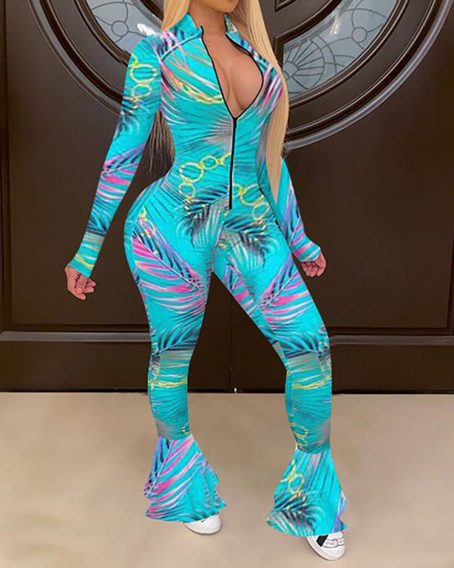 Women Fashion Printed Zipper Neck Long Sleeve Jumpsuits White Rosy Luke Green S-2XL