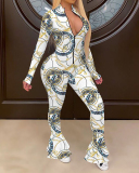 Women Fashion Printed Zipper Neck Long Sleeve Jumpsuits White Rosy Luke Green S-2XL