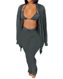 Women Solid Color Sexy Long Sleeve Split Three Piece Set Pink Yellow Orange Red Black S-XL