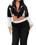 Women Long Sleeve Colorblock Hoodies Crop Tops Teddy Cashmere Two Pieces Outfit Black Rosy Khaki S-XL