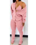 Women Solid Color Sexy Long Sleeve Split Three Piece Set Pink Yellow Orange Red Black S-XL