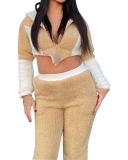Women Long Sleeve Colorblock Hoodies Crop Tops Teddy Cashmere Two Pieces Outfit Black Rosy Khaki S-XL