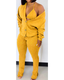 Women Solid Color Sexy Long Sleeve Split Three Piece Set Pink Yellow Orange Red Black S-XL