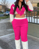 Women Long Sleeve Colorblock Hoodies Crop Tops Teddy Cashmere Two Pieces Outfit Black Rosy Khaki S-XL