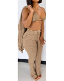 Women Solid Color Sexy Long Sleeve Split Three Piece Set Pink Yellow Orange Red Black S-XL